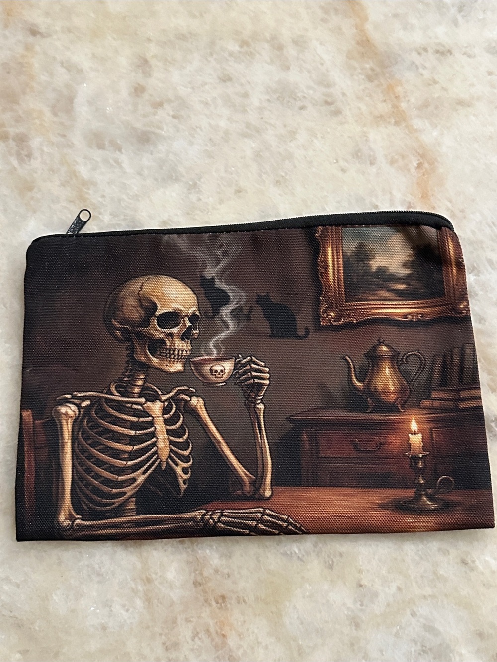 Skeleton Tea Time Canvas Pouch - Brown